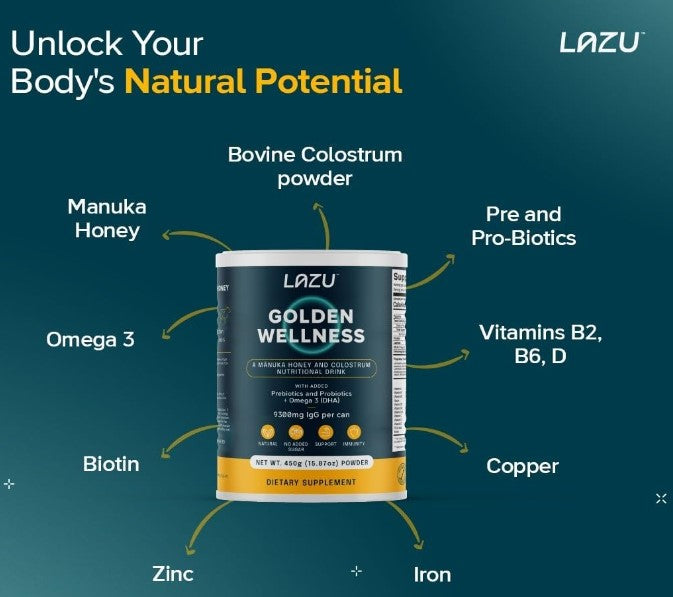 LAZU GOLDEN WELLNESS - Colostrum Powder & Manuka Honey Drink Promotes Gut Health, Performance
