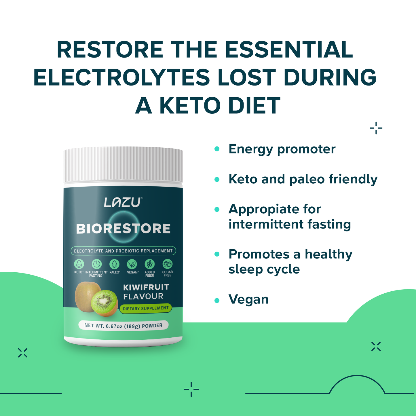 LAZU BIORESTORE - Restore minerals, probiotic, electrolytes Kiwi Flavour
