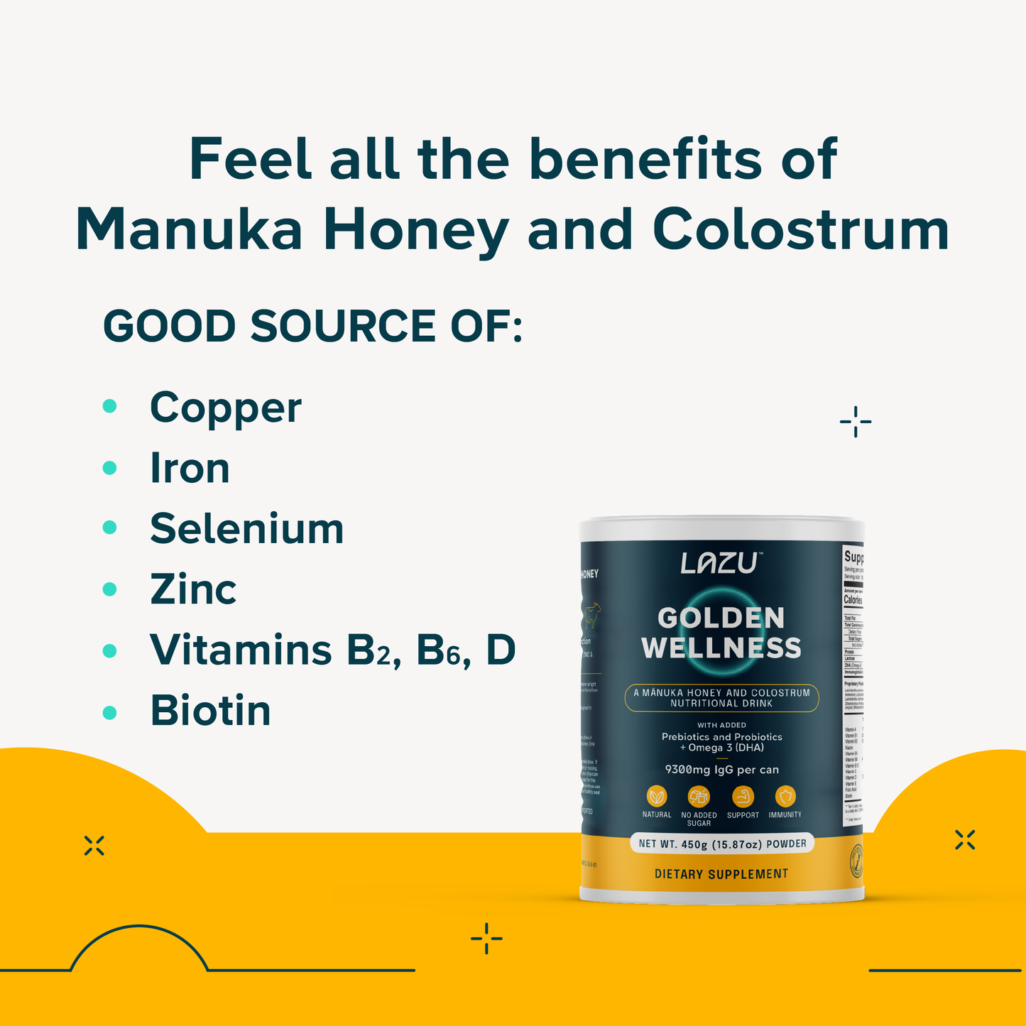 LAZU GOLDEN WELLNESS - Colostrum Powder & Manuka Honey Drink Promotes Gut Health, Performance