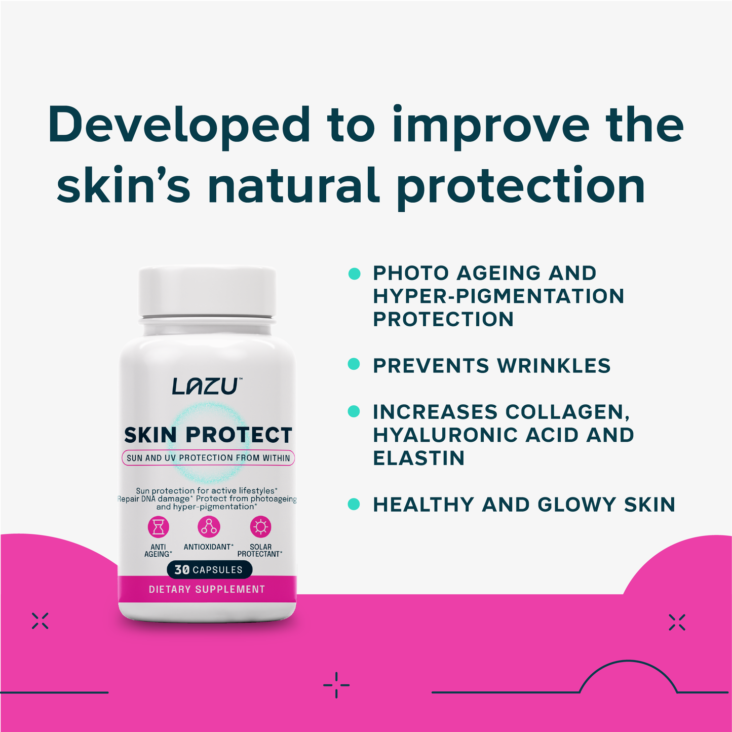 LAZU SKIN PROTECT - Sun and UV protection, increases collagen, elastin and reduces wrinkles